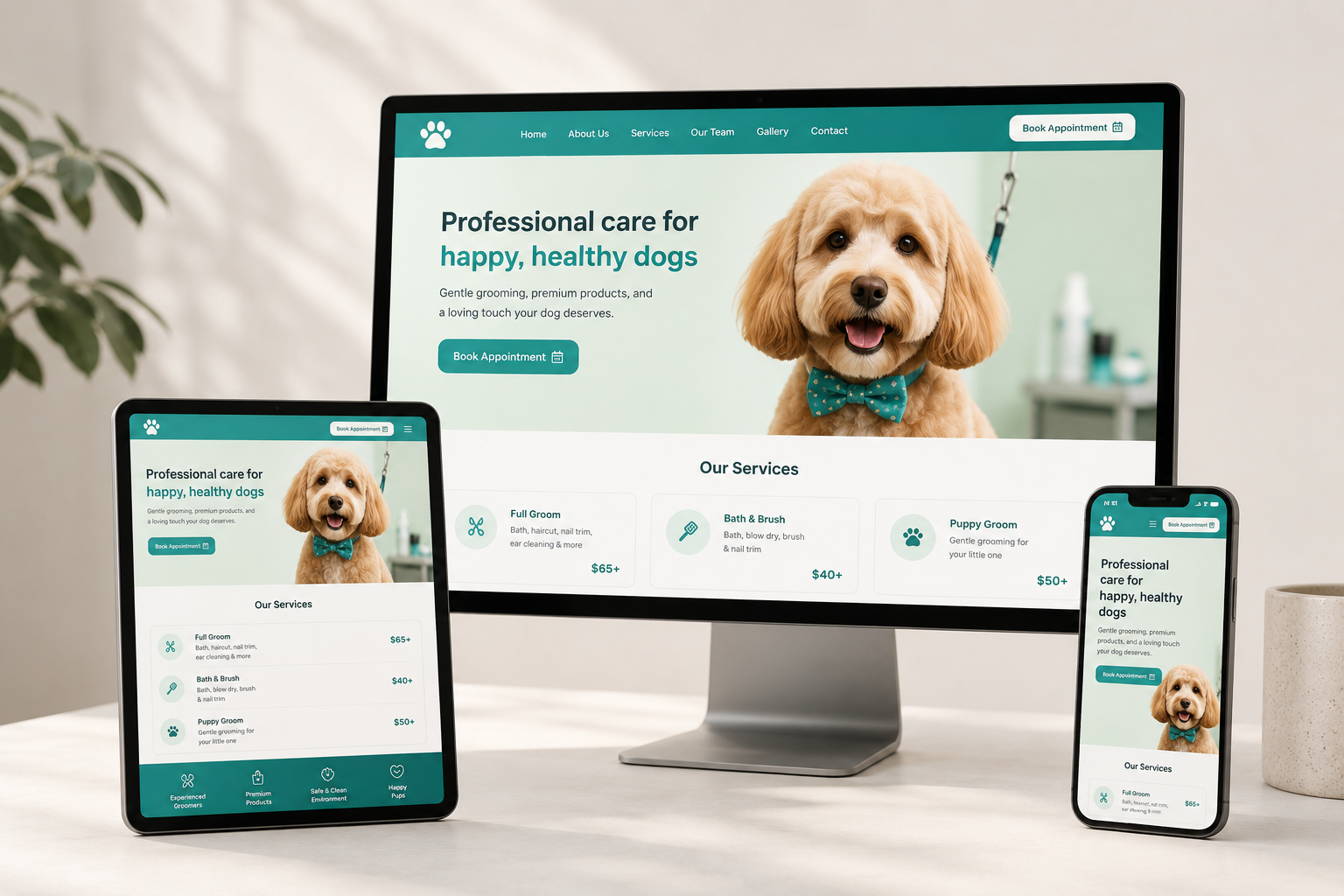Example dog grooming website shown across desktop, tablet and mobile